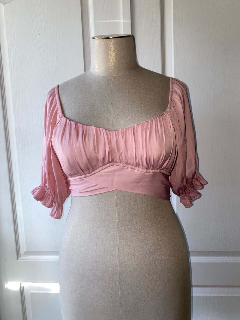 Timing Pink Ruched Puff Sleeve Crop Top with Tie Back